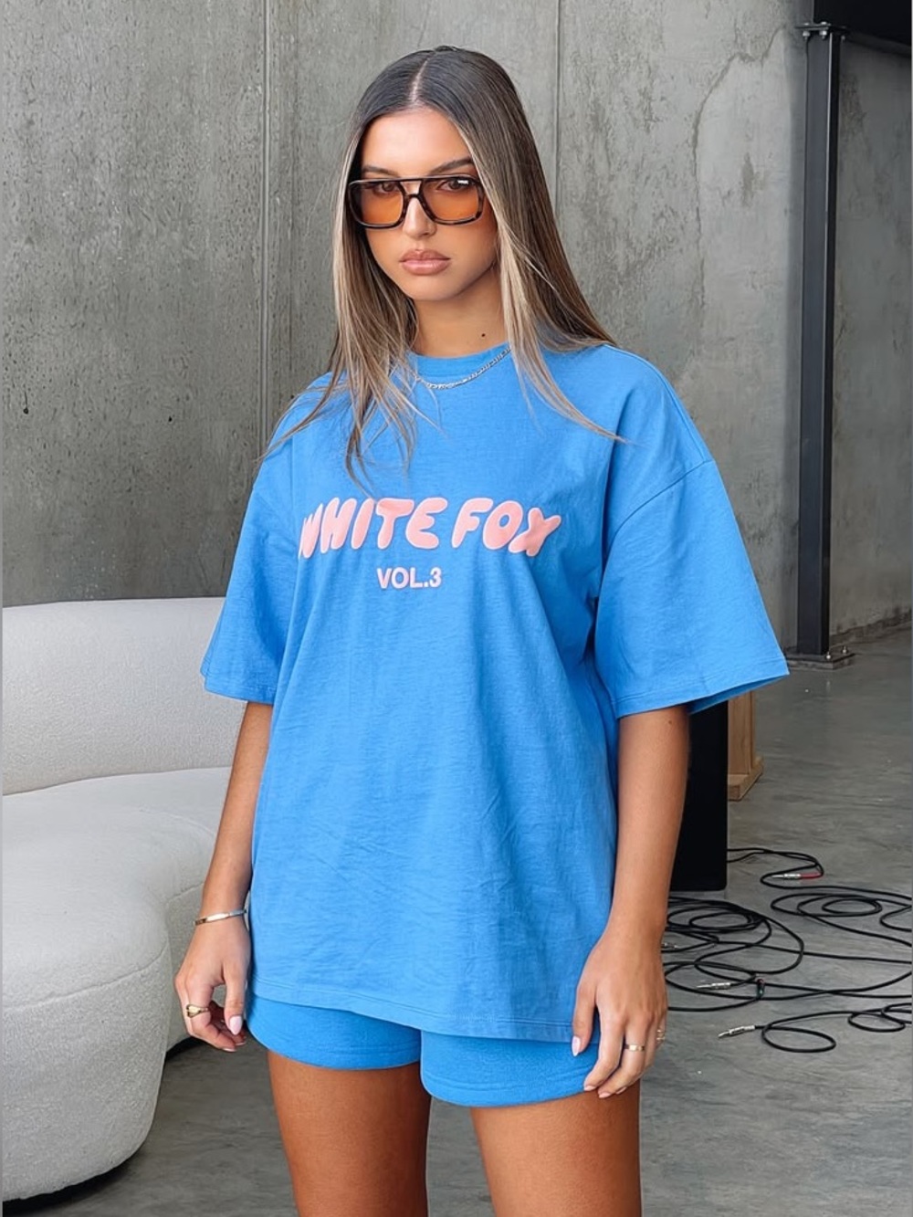 White Fox Boutique Blue Graphic Tee with Peach Logo